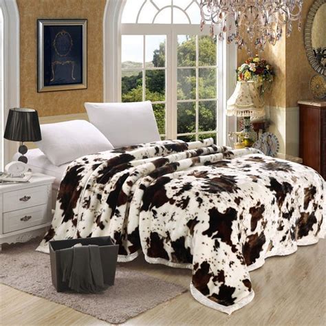 Super Soft Raschel Blanket Animal Cow Skin Flower Print Double Layer