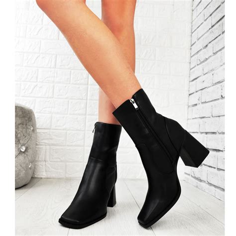 Womens Ankle Boots Chunky Sole Front Zip Front Detail Pull On Fashion
