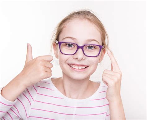Happy Blond Child Girl In Glasses Showing Thumbs Up Gesture Stock