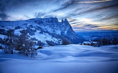 Winter Thick Snow Mountains Trees Houses Blue Dawn Wallpaper