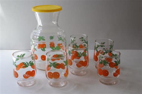 Vintage Orange Juice Set Juice Glasses And Refrigerator Bottle W Oranges Print
