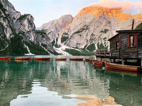 Sunrise Lago Di Braies Dolomites Italy
