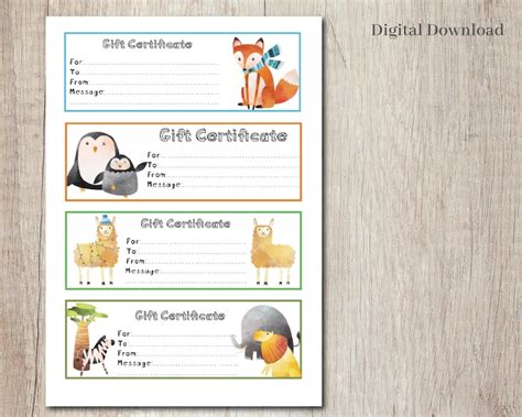 Printable gift certificate templates / animal gift tokens / - Etsy France