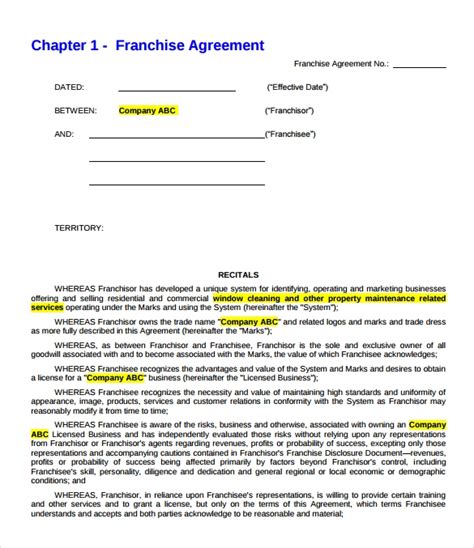 9 Sample Franchise Agreements Sample Templates