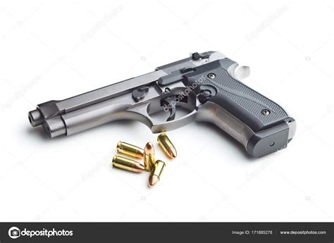 Closeup of 9 mm bullet cases in evidence bag, fibers in glass tube, blower brush and blue glove. Arma e as balas de pistola 9 mm. — Stock Photo © jirkaejc ...
