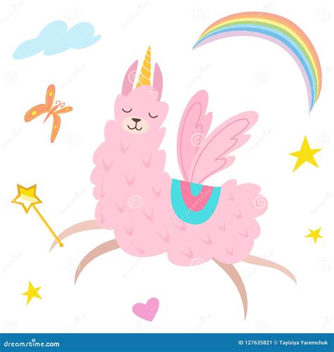Cute Fairy Llama Unicorn Cartoon Character Vector Illustration Funny