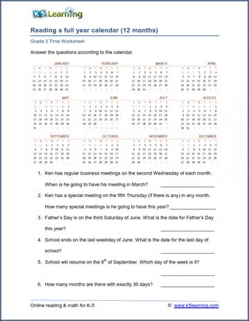 grade  calendar worksheet reading  full year calendar