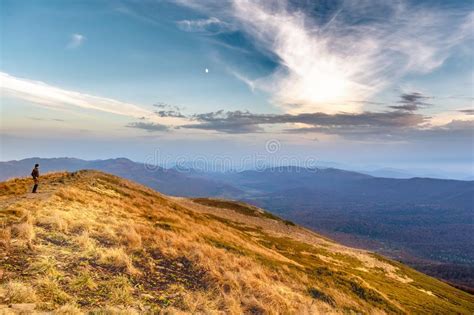 Sunset In The Autumn In The Mountains Panorama Bieszczady National