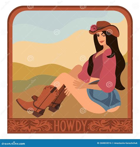 Retro Cowgirl Vector Vintage Portrait Of Young Attractive Girl Editorial Photo Illustration