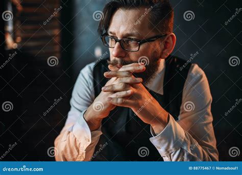 Serious Brooding Bearded Man In Glasses Stock Image Image Of Portrait