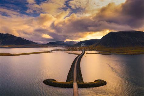 Aerial View Of An Iconic Bridge In West Iceland At Sunset Stock Photo