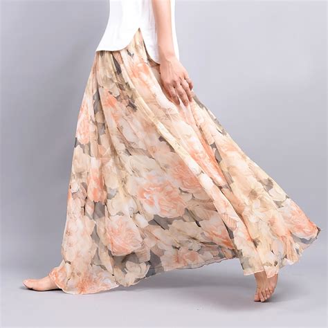 Peach Peonies Floral Chiffon Maxi Skirt Long Skirtspring Summer