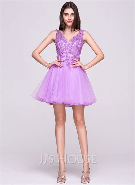 A Line Princess V Neck Short Mini Tulle Lace Homecoming Dress With