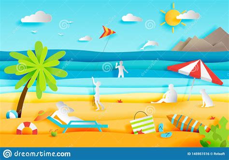 Summer Panorama Of Tropical Beach With People, Paper Cut Style Stock ...