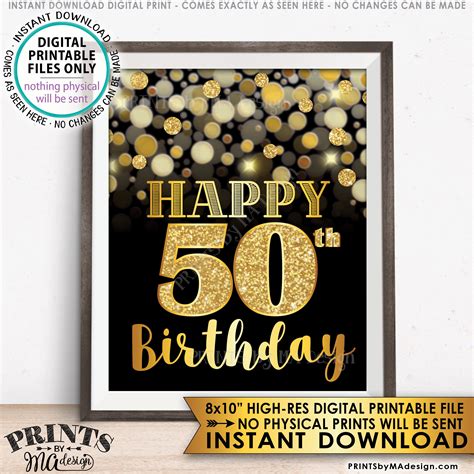 50th Birthday Sign, Happy Birthday, Golden Fiftieth Birthday Card, 50