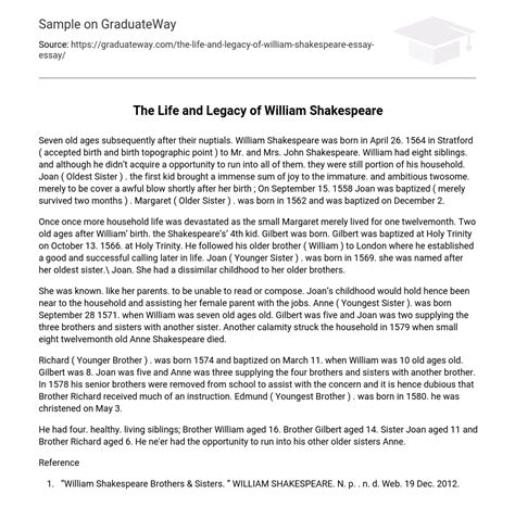 ⇉the Life And Legacy Of William Shakespeare Essay Example Graduateway