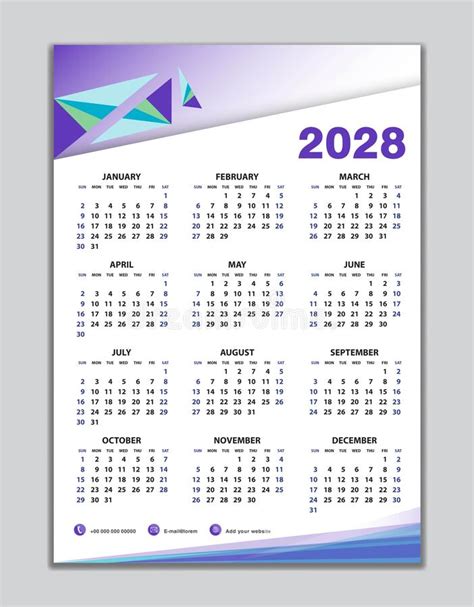 Calendar 2028 12 Months Yearly Vector Calendar In Year 2028