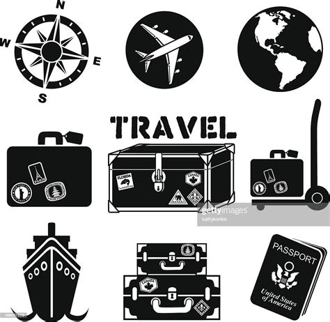 Set Of Black Travel Icons With Planes Luggage And A Passport