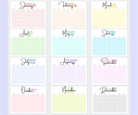 Colorful Monthly Blank Calendar 11 X85 Inches Printable Etsy