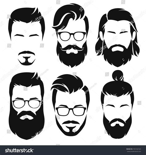 Set Of Silhouette Bearded Men Faces Hipsters Style With Different