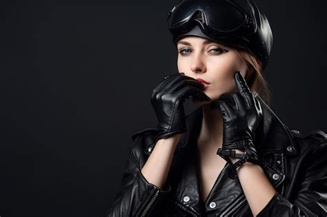 Premium Ai Image A Woman In A Leather Jacket And Gloves Poses For A