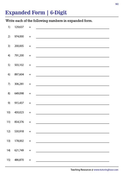Writing 6 Digit Numbers In Expanded Form Worksheets