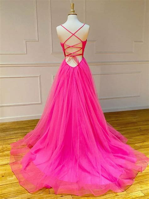 A Line V Neck Hot Pink Long Prom Dresses V Neck Hot Pink Long Formal