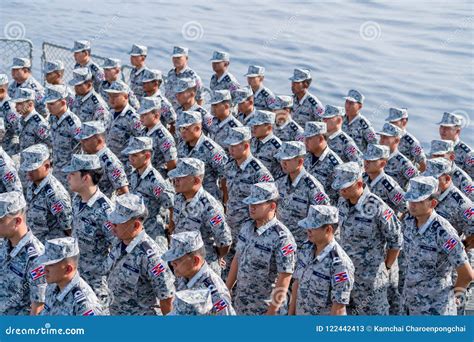 Royal Thai Navy Sailors Line Up On The Warship S Deck During Underway