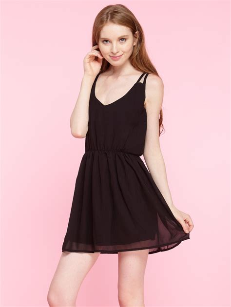 Black S Spaghetti Strap Plain Chiffon Mini Dress