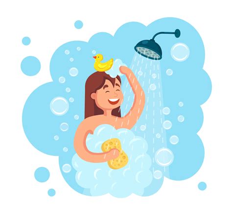 Happy Woman Taking Shower With Rubber Duck In Bathroom Wash Head Hair Body Skin With Shampoo