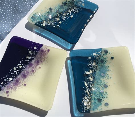 Fused Glass Square Plate Spindrift Collection Etsy Fused Glass Dishes Fused Glass Square