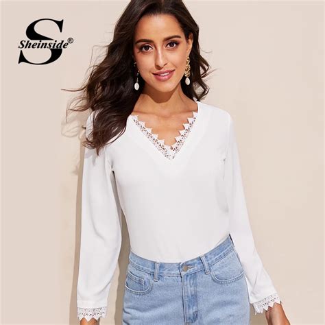 Sheinside White Blouse Women Tied Back V Neck Lace Trim Solid Top 2019