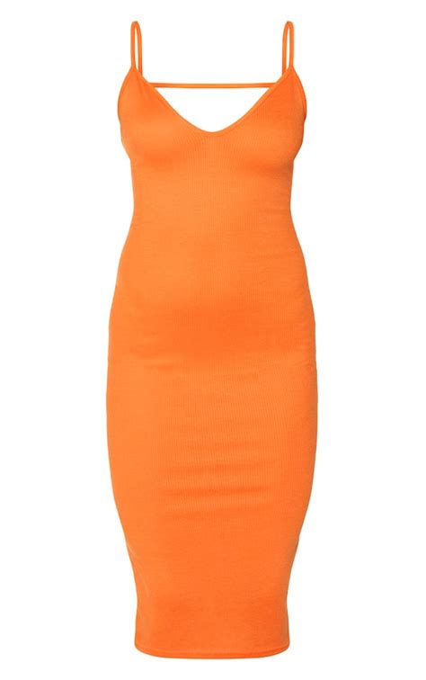 Orange Rib Strappy Low Back Midi Dress Prettylittlething Usa