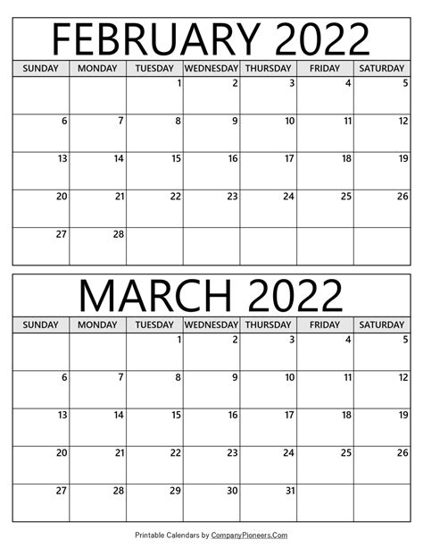 February March 2022 Calendar Printable Template