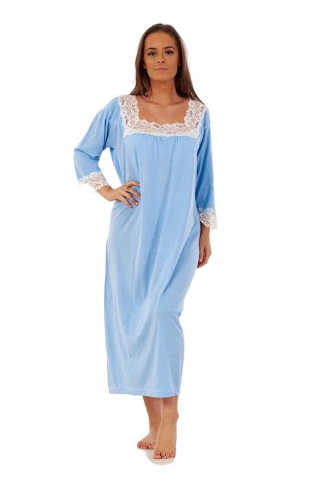 Women Long Nightdress Lace 100 Cotton 34 Sleeve Nightgowns Sleepwear