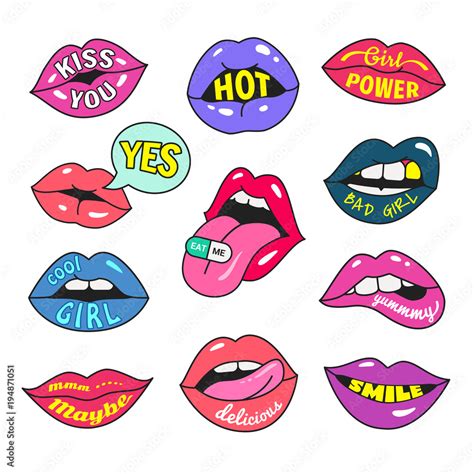 Lips Patches Collection Vector Illustration Of Women S Lips With Writings And Relevant Words