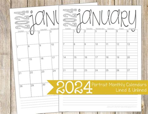 2024 Lined And Unlined Monthly Calendars Portrait 85x11 Jan Dec