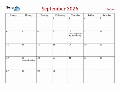 September 2026 Belize Monthly Calendar With Holidays