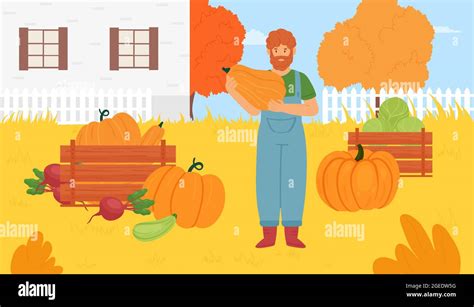 Autumn Farm Harvest In Village Vector Illustration Cartoon Farmer Man