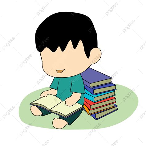 Seorang Anak Sedang Membaca Buku Dengan Tumpukan Buku Di Belakangnya