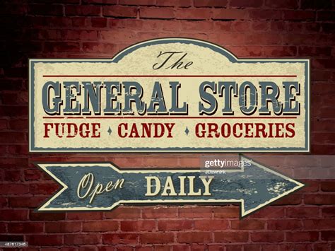 Vintage Light Blue Wooden General Store Signage On Brick Wall High Res