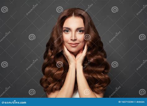 Beautiful Cheerful Woman With Long Curly Hair Gorgeous Model With Natural Makeup And Perfect