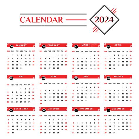 Kalender 2024 Sederhana Berwarna Merah Merah Kalender Tanggal Png