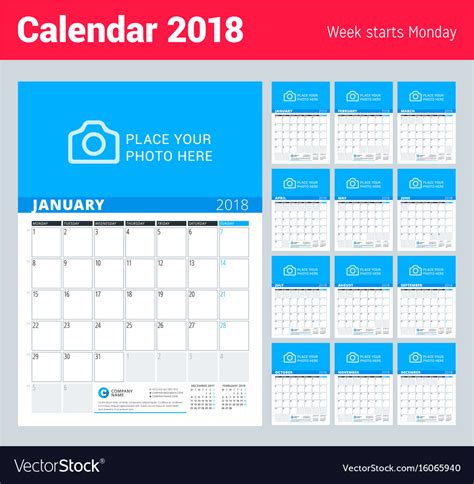 Wall Calendar Planner For 2018 Year Design Print Vector Image