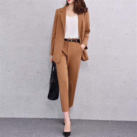 New Brown Women Pant Suit Female Office Uniform Ladies Winter Formal