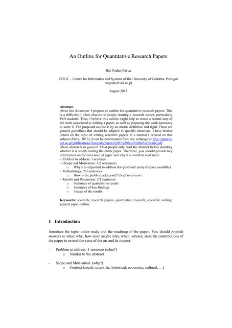 It will discuss the aim of the research study, the data collection methods used, how and why the sample was selected and how the data was analysed. (PDF) An Outline for Quantitative Research Papers