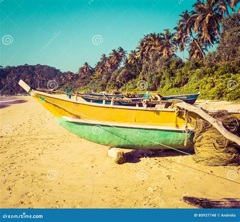 Fishing Boats On A Tropical Beach With Palm Trees In The Background