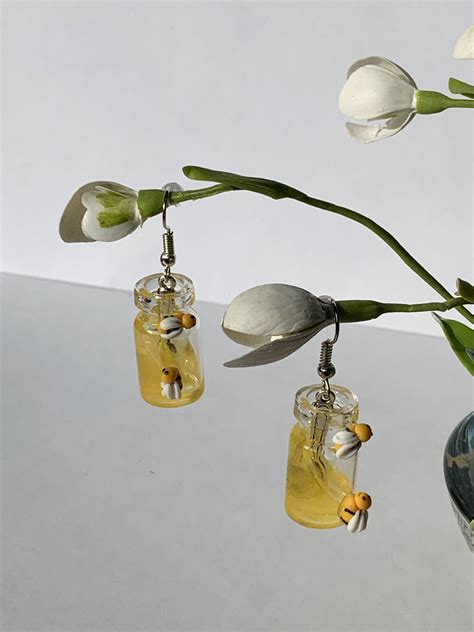 Yellow Earrings Miniature Honey Bottle Cute Pendant Earrings Glass