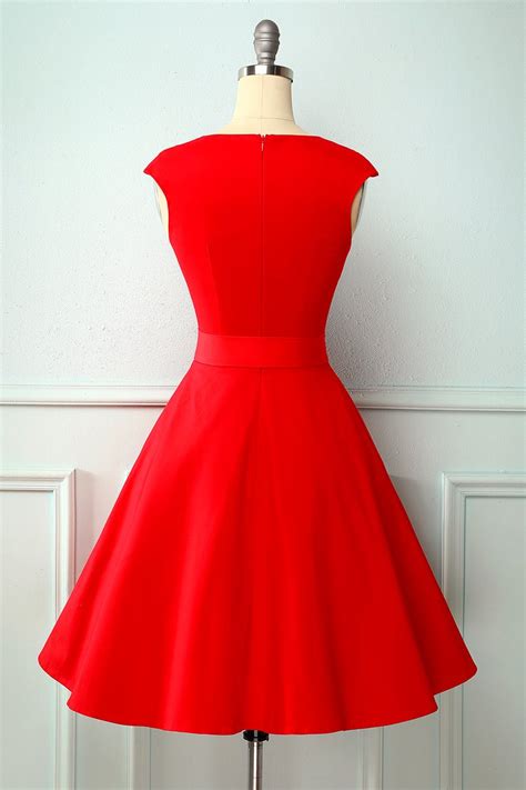 Zapaka Women Vintage A Line Red Button 1950s Swing Xmas Party Dress Zapaka