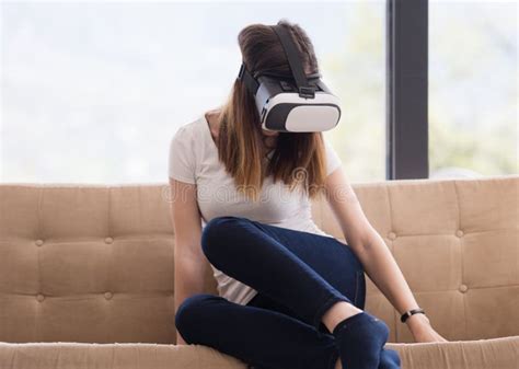 Woman Using Vr Headset Glasses Of Virtual Reality Stock Image Image